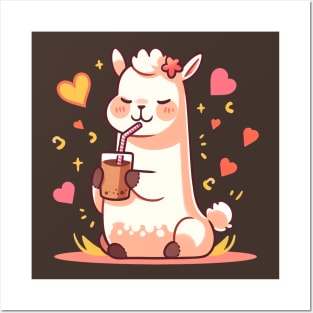 Caffeinated Love Affair: Kawaii Llama Sips Iced Coffee Posters and Art